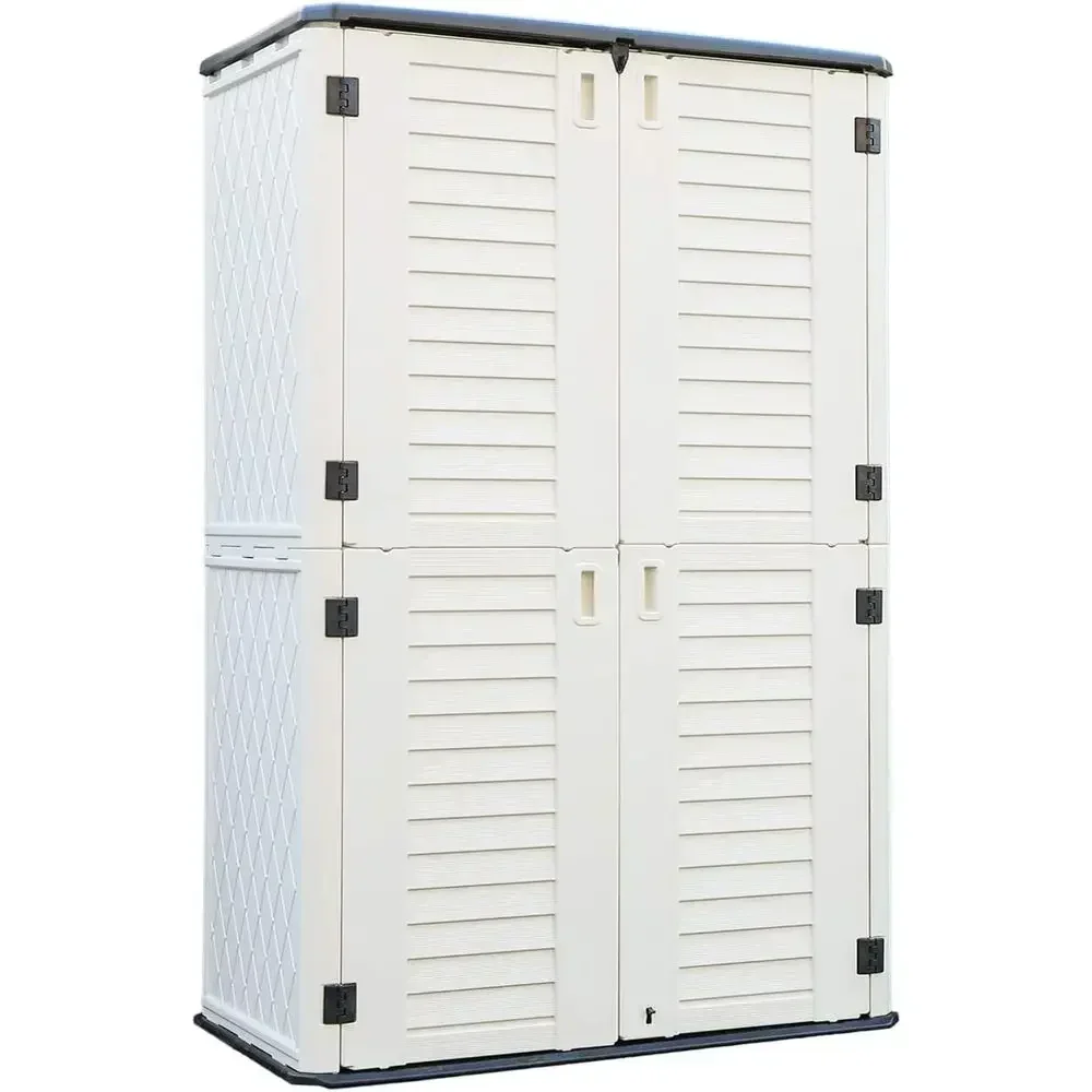 Weatherproof Outdoor Storage Cabinet with Floor, Double-Deck Shed for Patios and Large Tools (Ivory/52 Cubic Feet)