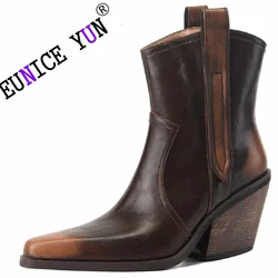 【EUNICE YUN】Women Genuine Leather Ankle Boots Western Short Boots Cowboy Autumn Winter Shoes Retro Woman Office Lady 33-40