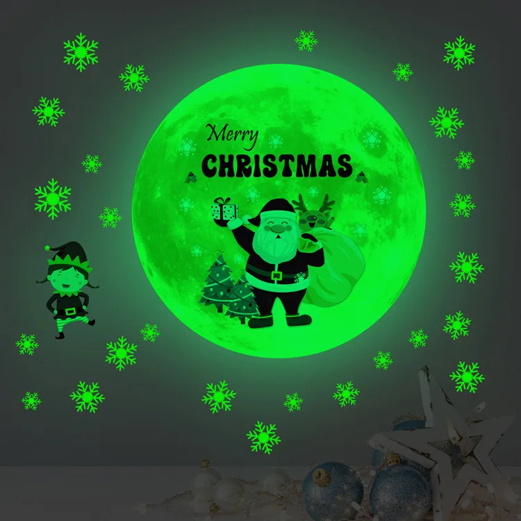 Weihnachtsmond-Schneeflocken-Leuchtwandaufkleber für Kinderzimmer, Schlafzimmer, Heimdekoration, Aufkleber, die im Dunkeln leuchten, Neujahrstapete – Detail 2