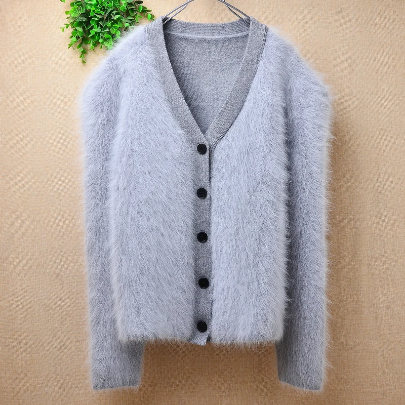 

Ladies Women Fall Winter Clothing Grey Hairy Plush Mink Cashmere Knitted V-Neck Loose Cardigans Angora Fur Jacket Sweater Coat