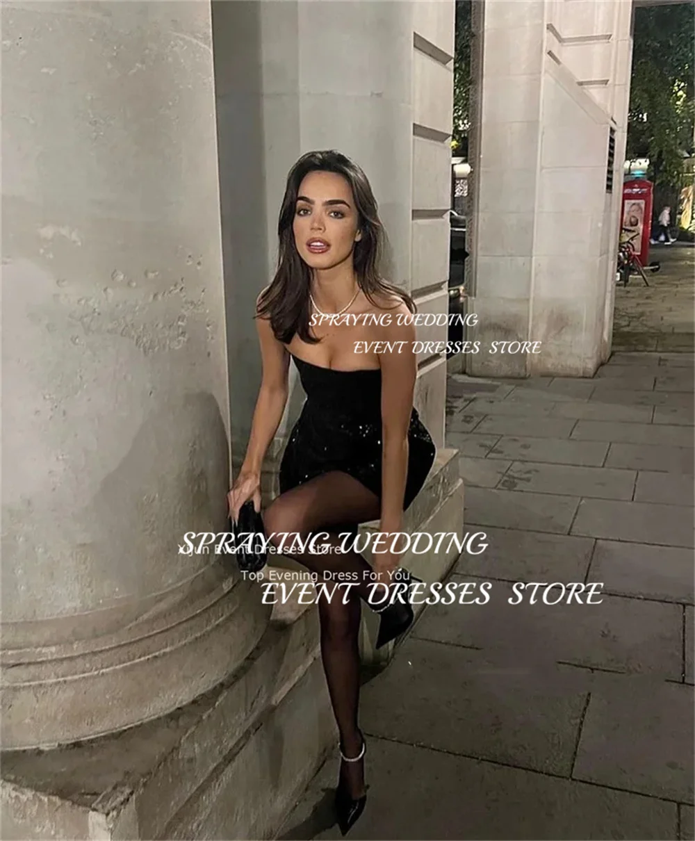 SPRAYING Sexy paillettes noir Mini robe de mariage arabie saoudite brillant sans bretelles robe de bal une ligne douce robe d'événement de nuit personnalisée