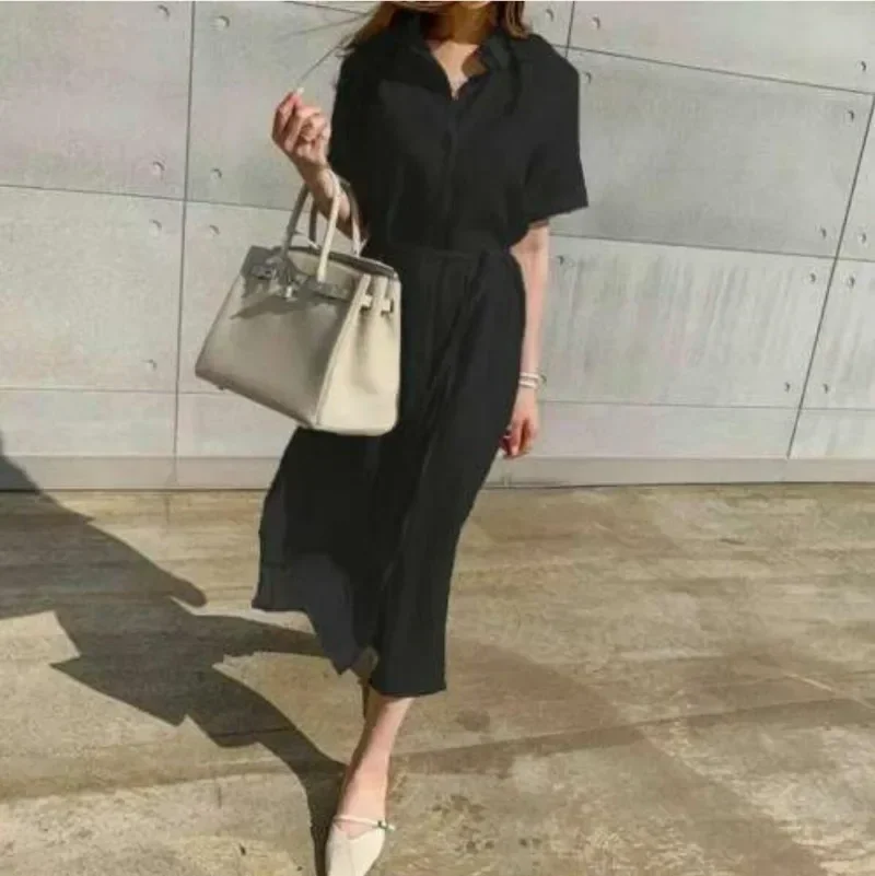 

Summer Cotton And Linen Long Dress Fashion Polo Neck Single Breasted Shirt Dress Y2k Korean Loose Casual Lace-up Vestidos Платье