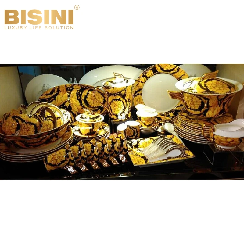 Opulent Baroque Style Palace Fine Bone china Porcelain 70pcs Dinnerware Sets Golden Ivy Porcelain Tableware set