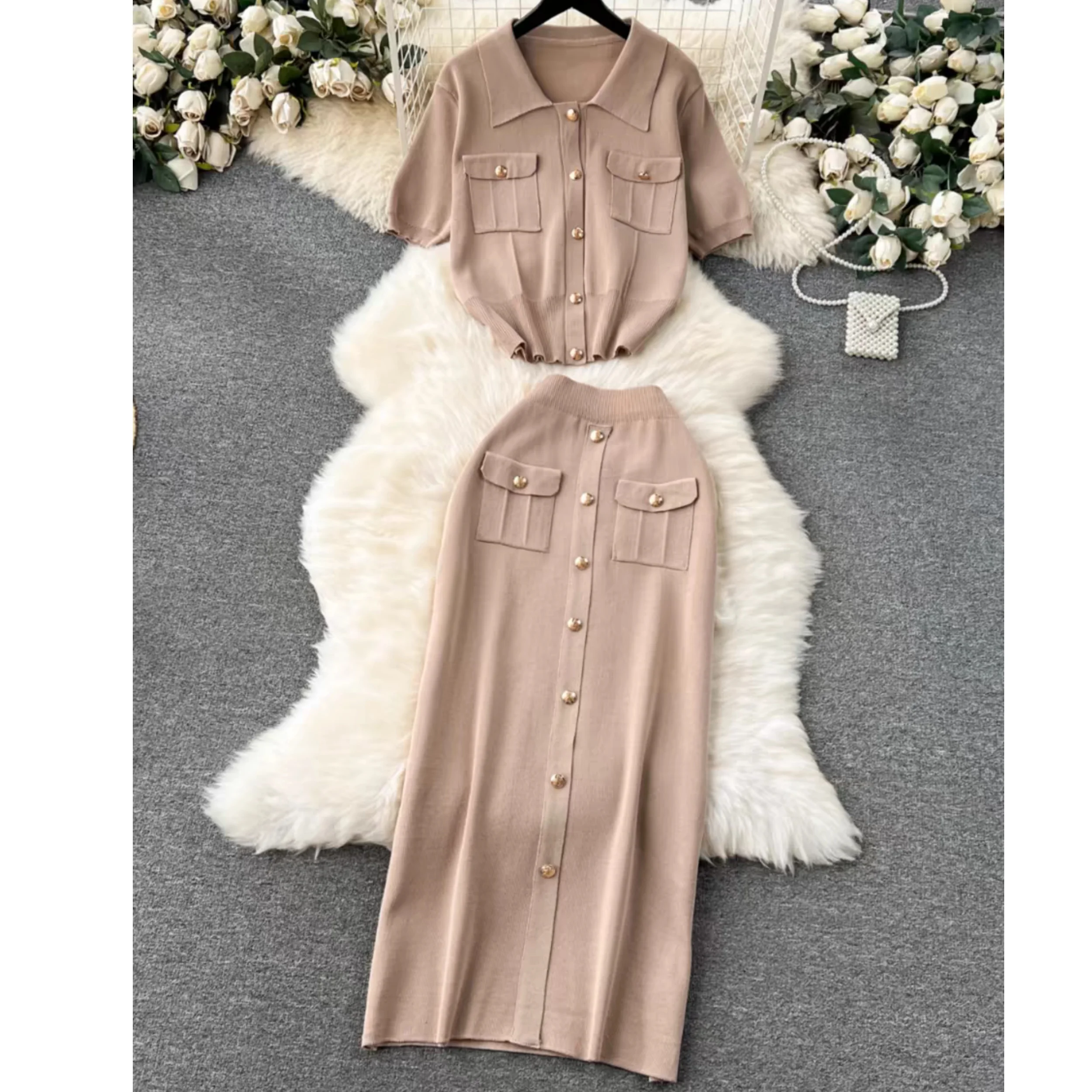 Sweet Elegant French OL Women's Set Polo Neck Knitted Short Sleeved Top With A-line Midi Skirt Two Piece Set With Button Pocket