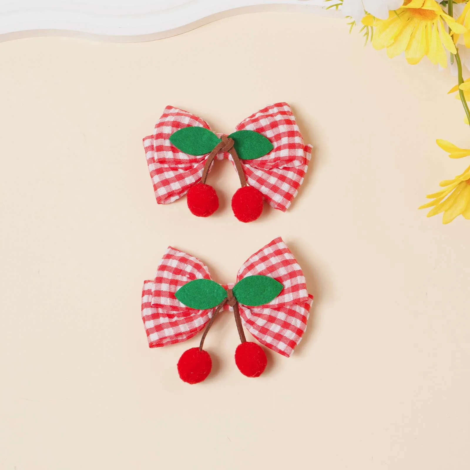 2pcs Plaid Cloth Bow Cherry Hairpin For Girls Baby Cute Red Barrettes Kids Festive Decor Hair Accessories
