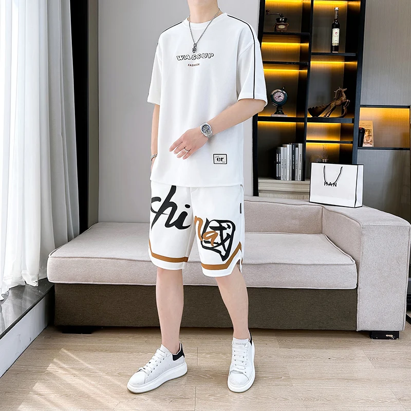 2024 Summer Men Sets Fashion Casual Short sleeves T-shirt Tracksuit 2 Piece Running Sweatshirts + Sports Shorts Set