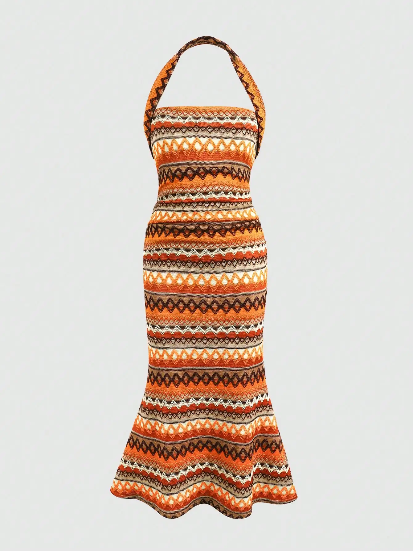 

Женское трикотажное платье с вырезом халтер, подолом «рыбий хвост» и геометрическим узором