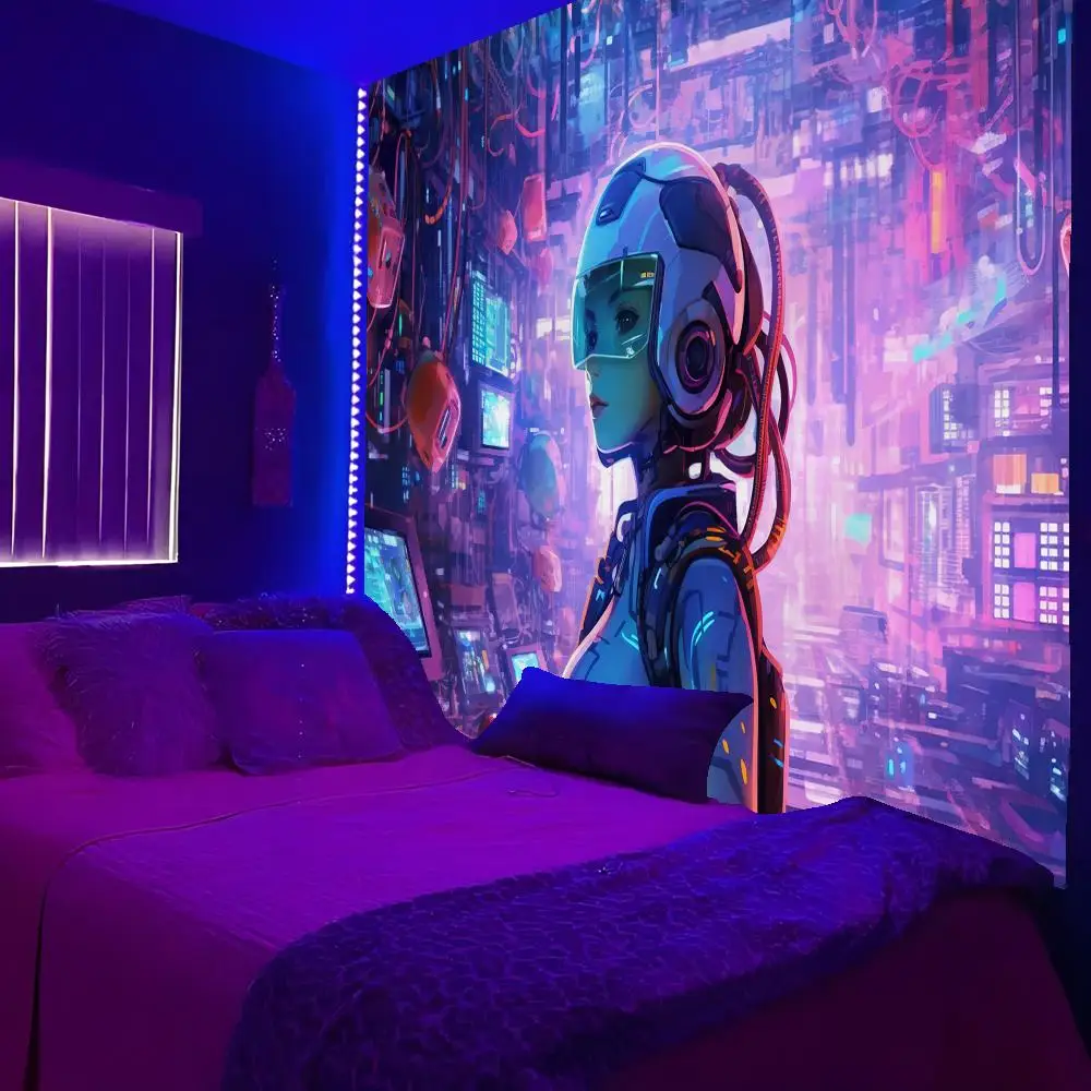 Robot Girl Coding Tapestry Custom Living Bedroom Party Dormitory Interior Wall Bohemian Decoration Attached Clip