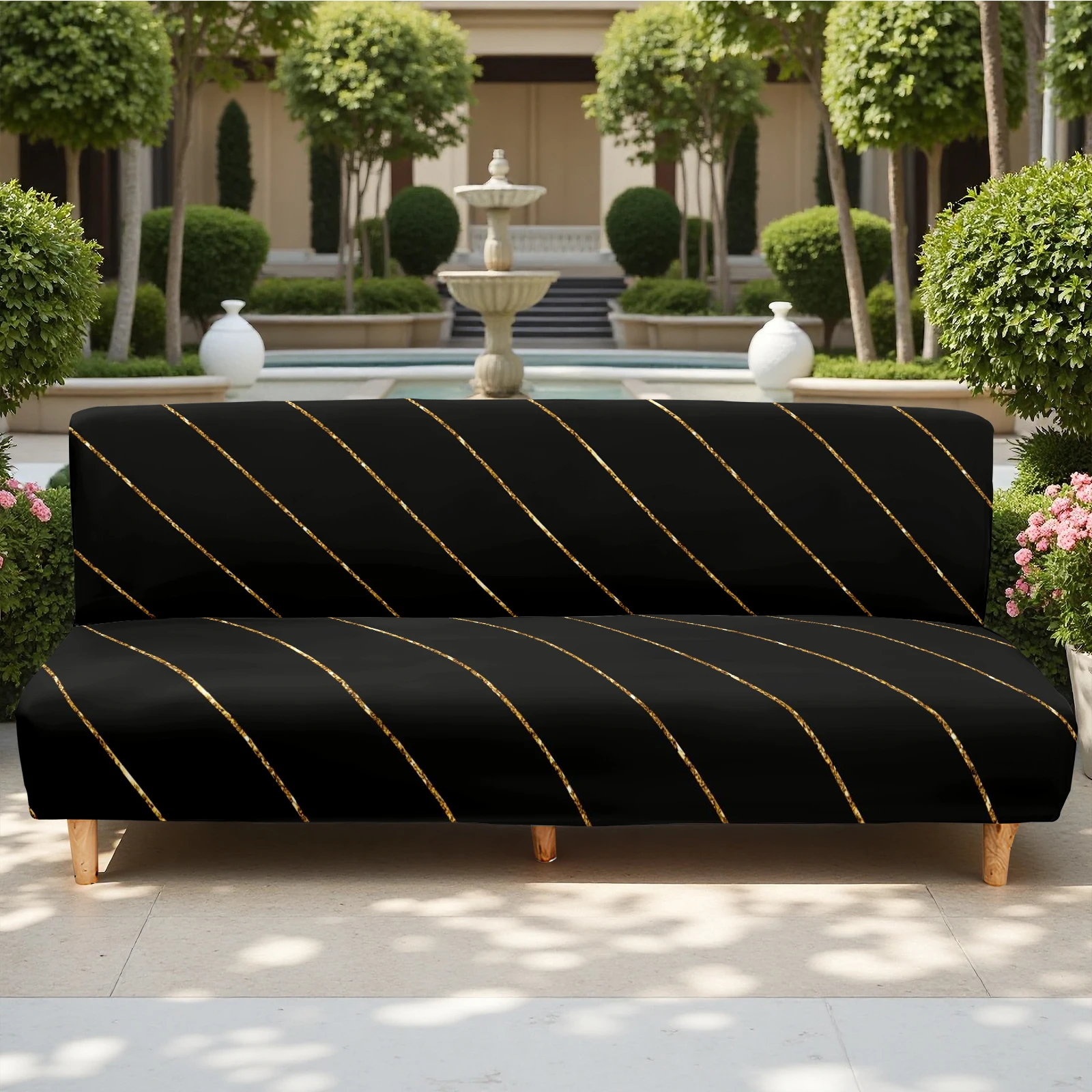 Luxury Gold Stripe Print Summer Outdoor Sofa Bed Cover, Elastic Fitted, Milk Silk Fabric, Pet - Friendly,