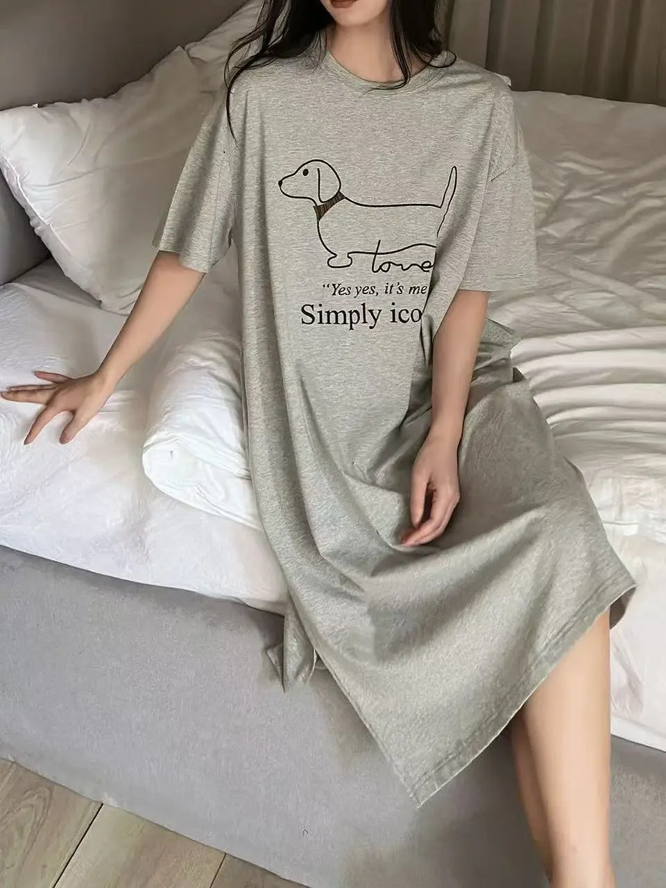 Loose Mid-Length Short-Sleeve T-Shirt Skirt Korean Style Design Open Split Outerwear Youth Casual Home Summer Dress