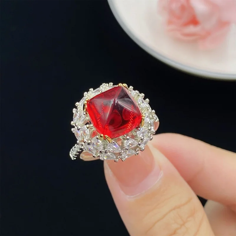 Golden Four-Prong Inlaid Ruby Sugar Tower Full Diamond Luxurious Open Ring for Women Elegant Pendant Earring Set