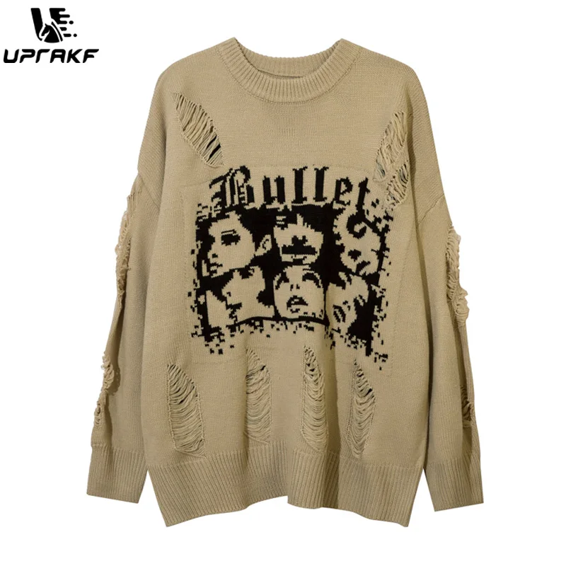 

UPRAKF Face Graphic Ripped Vintage Sweater Autumn Loose Knitted Jumper Winter Fashion Streetwear Pullover Casual Long Sleeve