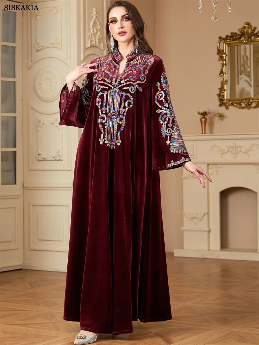 Siskakia Ramadan Muzułmanki Cekiny Patchwork Abayas Dubaj Złote Aksamitne Sukienki Marokańskie Eleganckie Casualowe Kebaya