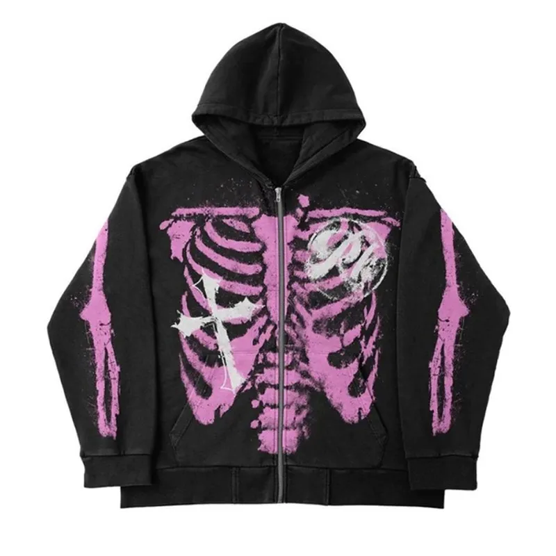 2023 Autumn New Men\'s Fashion Zip Hoodie Skull Print Vintage Aesthetic Top Oversized Top Crop Gothic Street y2k Clothing