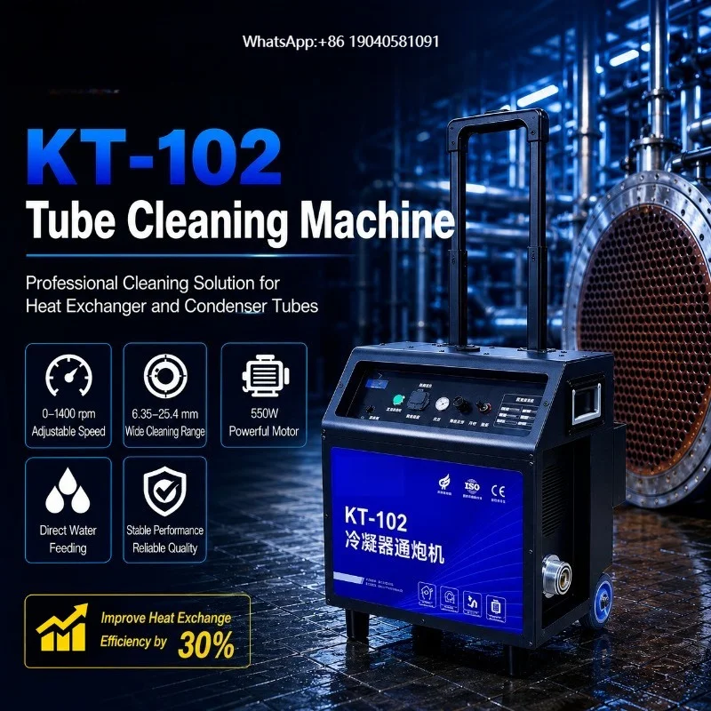 KT-102 550W Tube Cleaner Machine with Integrated Trolley and Water Flush for Condenser Heat Exchanger Maintenance