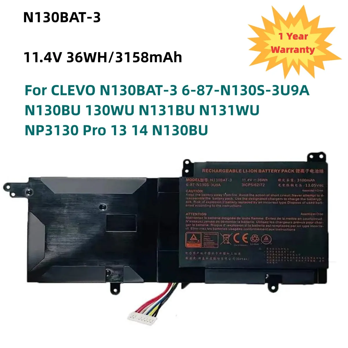 11.4V 36WH N130BAT-3 Battery for CLEVO N130BAT-3 6-87-N130S-3U9A N130BU 130WU N131BU N131WU NP3130 Pro 13 14 N130BU