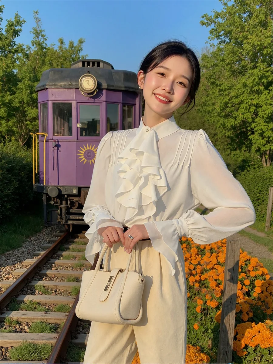 Koszule w stylu francuskim z falbankami, japońskie bluzki, świąteczne ubrania damskie, jesienne siateczkowe bluzki dla dziewcząt, designerskie, eleganckie, na weekend, szykowne.