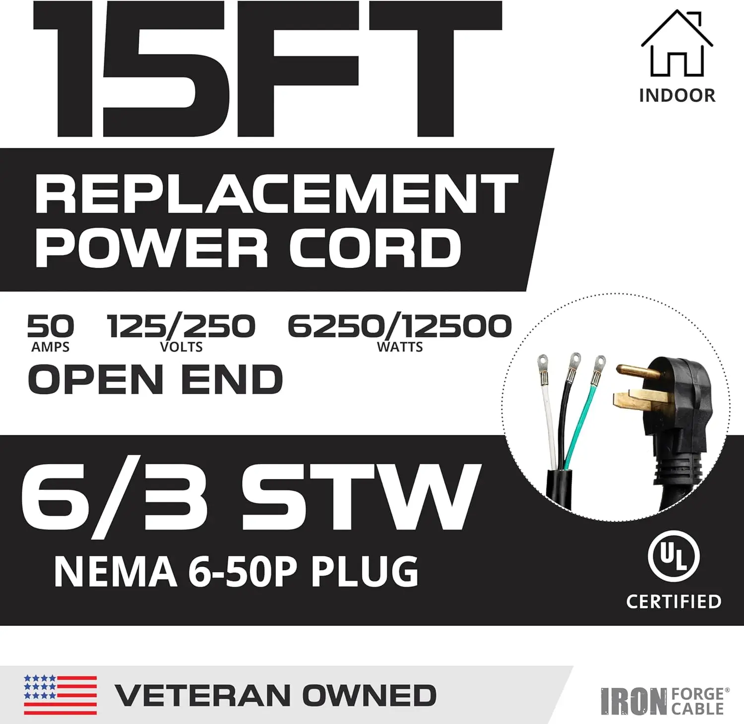 Extension cord 15 ft, open end, 50 amp welder and EV extension cord 6/3 gauge compatible with Level 2 EV charger, 125V/250V