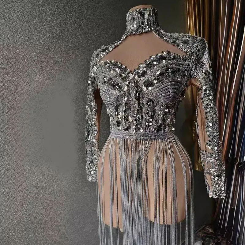 لامعة الماس شرابة الاجتماع السنوي المضيف بار ملهى ليلي أداء الملابس مثير فستان بكم طويل Vestidos De Boda Para Fiestas