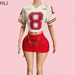 HLJ Y2K Letter Print Stripe Stitching Mini Skirts Two Piece Sets Women V Neck Loose Tshirt And A-line Skirts Outfits Streetwear