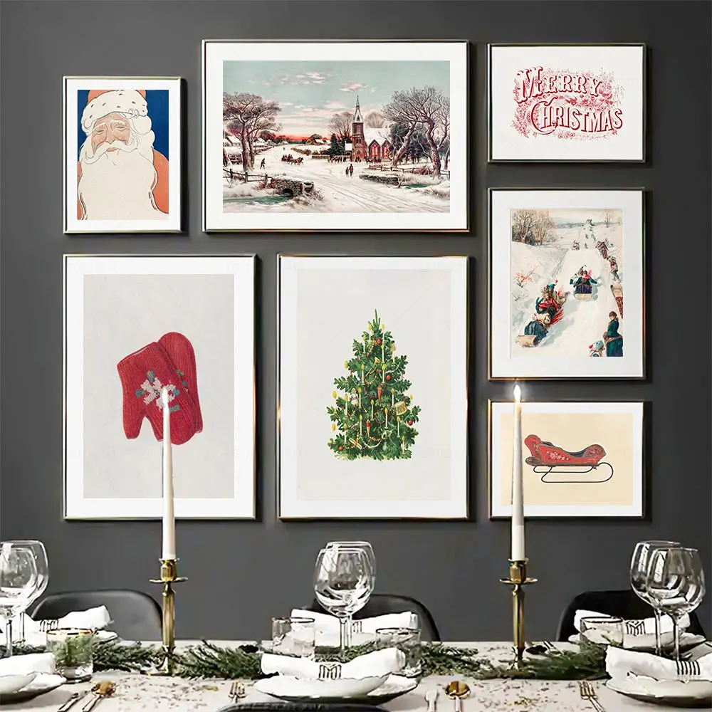 Vintage Merry Christmas Decor Tree Wall Art Canvas Painting Santa Claus Sledding Posters Prints Pictures Living Room Home Decor