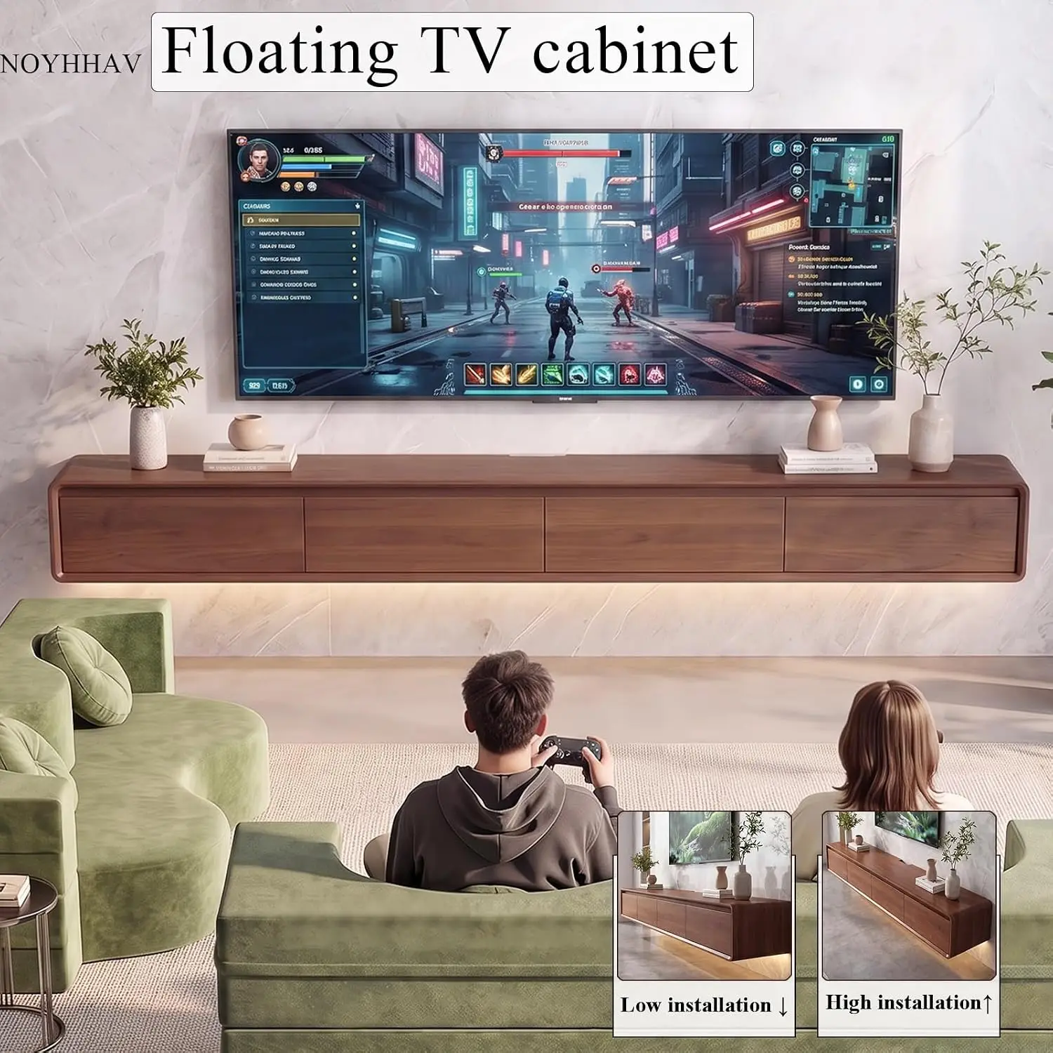 Wall Mounted Floating TV Stand LED Light Media Console 94.5