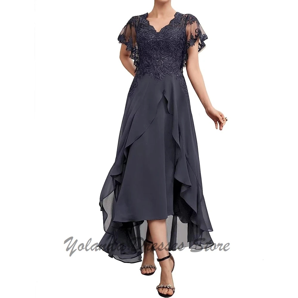 

Modern V Neck Mother of The Bride Dresses Short Sleeves A Line Applique Lace Up Chiffon Mother Groom Dress Ruffles Tea Length