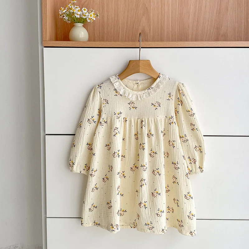 ชุดเดรสเด็กผู้หญิงลายดอกไม้ คอปกผ้าลูกไม้ ชุดเจ้าหญิงน้อย ฤดูใบไม้ผลิ ฤดูใบไม้ร่วง ผ้าฝ้าย ชุดรอมเปอร์ 0-24 เดือน เสื้อผ้าเด็กอ่อน แต่งระบาย ปี 2025
