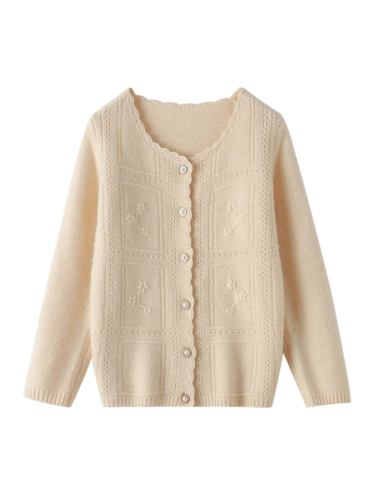 

2025 Fashion Jacquard Sweater Autumn Winter Women's O-Neck Cardigan Hollow Out 100% Merino Wool Knitwear Soft Warm Grace Clothes