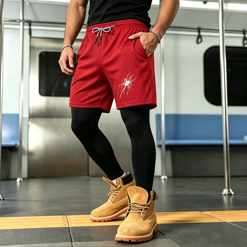Men's Double Layer Sports Athletic Running Pants Graffiti Spider Print With Towel Ring Outer Shorts Tights Long Trousers Liner