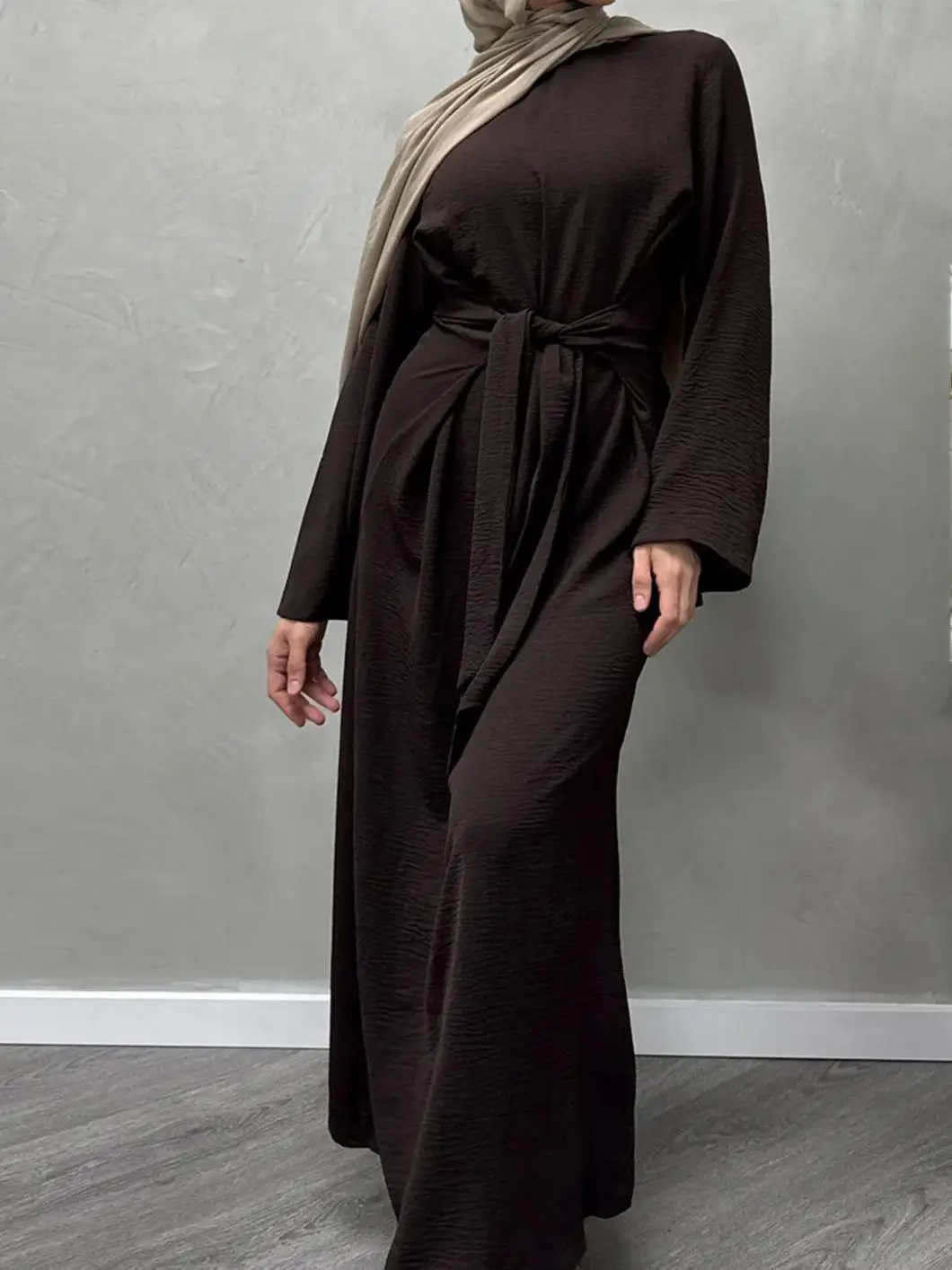 Middle East New Solid Color Lace-Up Long Dress Muslim Women Elegant Slim Fit Dress Loose Middle East Dubai Abaya Robe