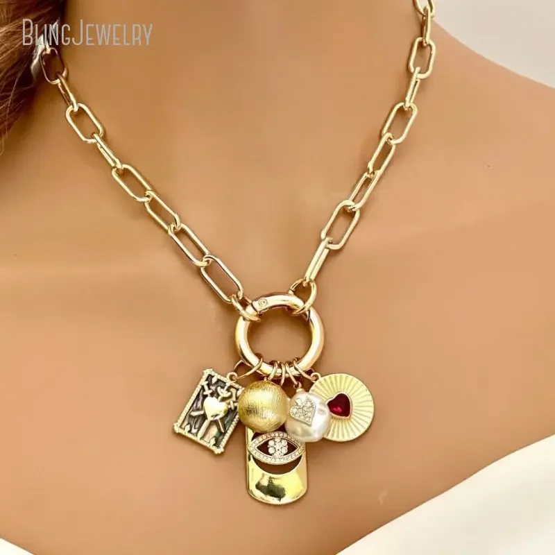 10pcs Gold Color Paperclip Chain Charm Necklace Fresh Water Pearl Evil Eye Coat of Arm Ball  Y Heart Radial Jewelry
