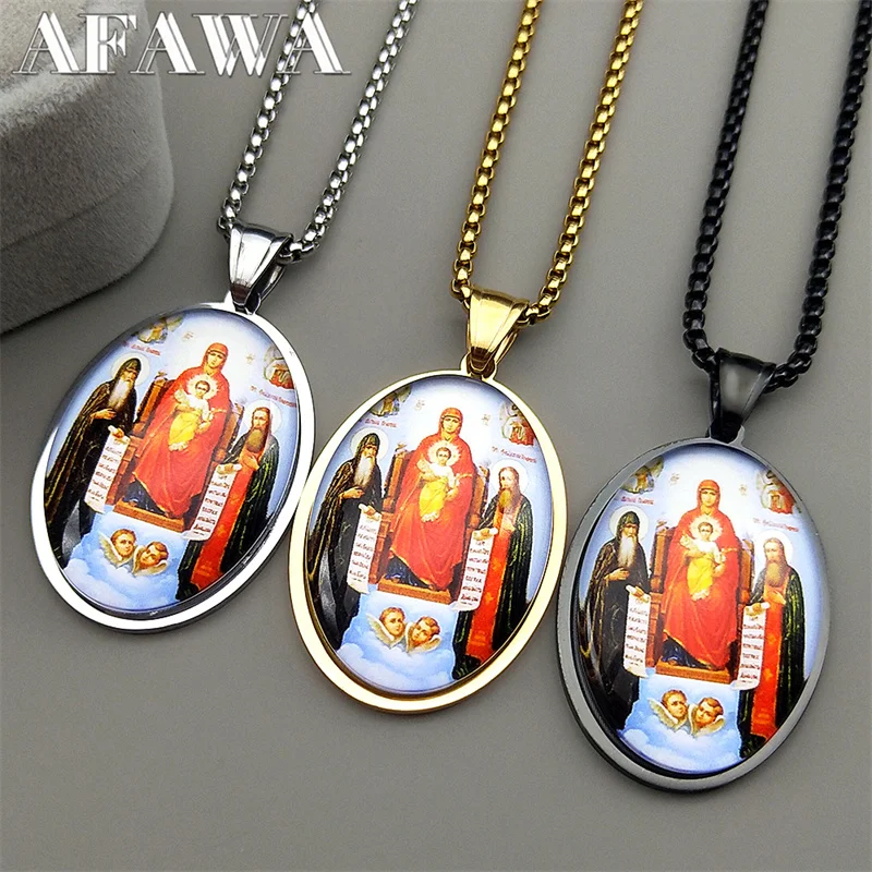 

Virgin Mary Baby Jesus Glass Oval Medal Pendant Necklace for Women Men Stainless Steel Gold Color Catholic Saint Chain Jewelry