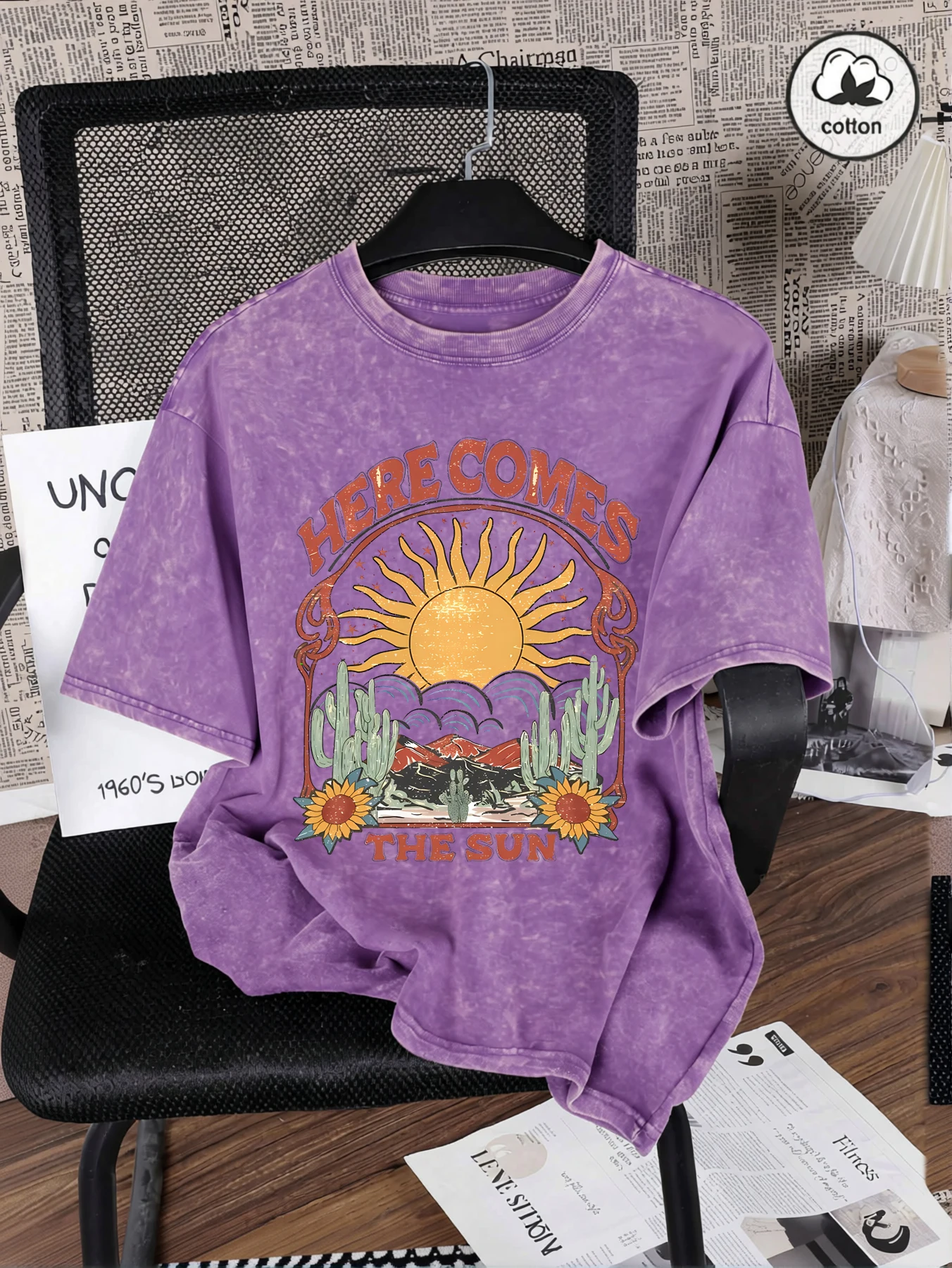 Here Comes The Sun Bedrucktes Damen-T-Shirt aus gewaschener Baumwolle, weiches T-Shirt, lockeres Y2K-Kurzarm-All-Match-Sommer-Frau-Streetwear