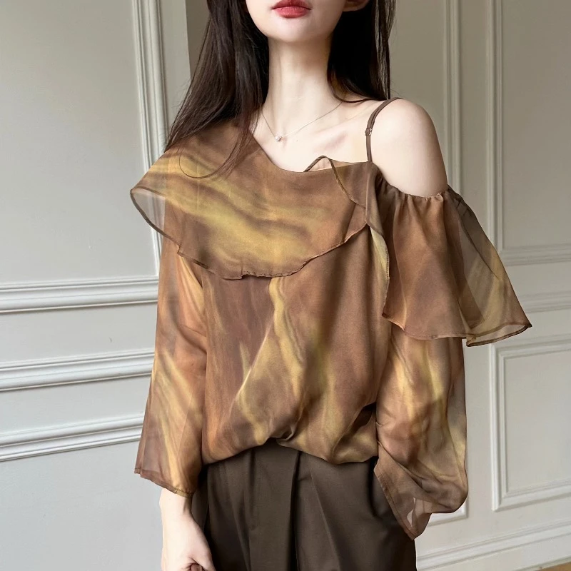 

Vintage Women's Blouses Solid Shirts Fashion Loose Summer Korean Clothing Off The Shoulder Chiffon Casual Women Tops