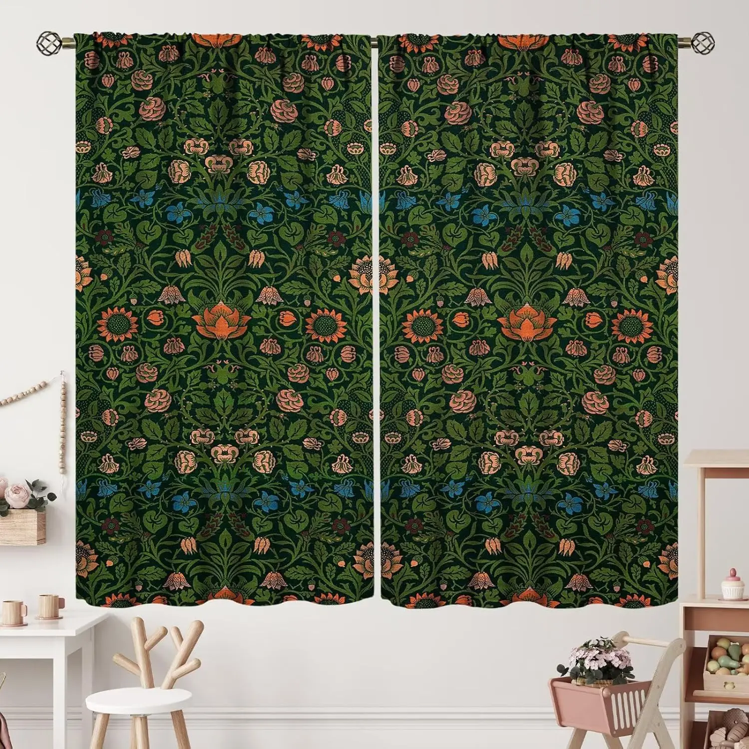 Vintage Flower William Morris Curtains Boho Style Retro Plant Pattern Curtain with Rod Pocket for Bedroom Living Room Home Decor