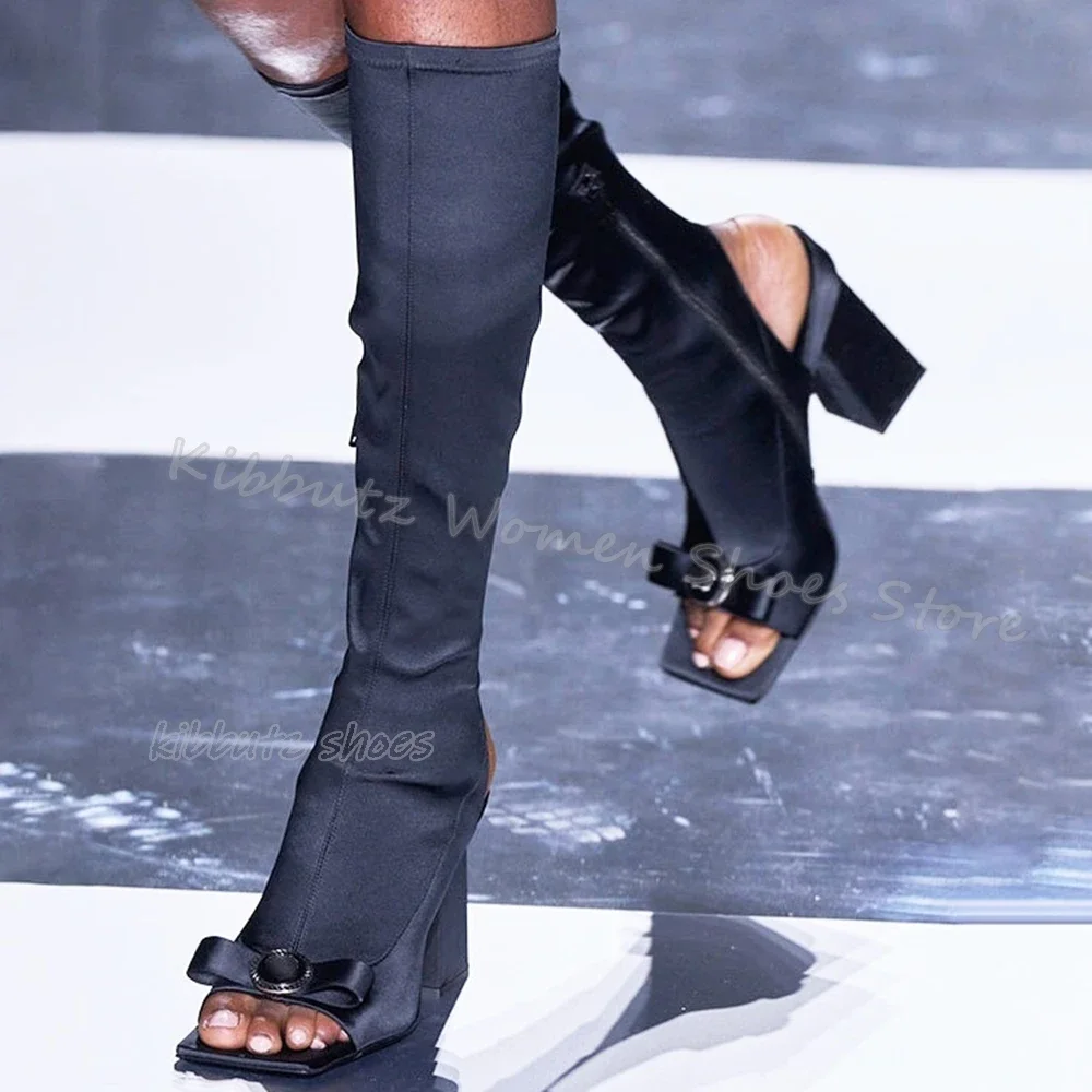 

Bows Knee High Sandals Boot Genuine Leather Fashion Elegant Concise Sexy Solid Color Women Shoes Newest Square Toe Chunky Heels