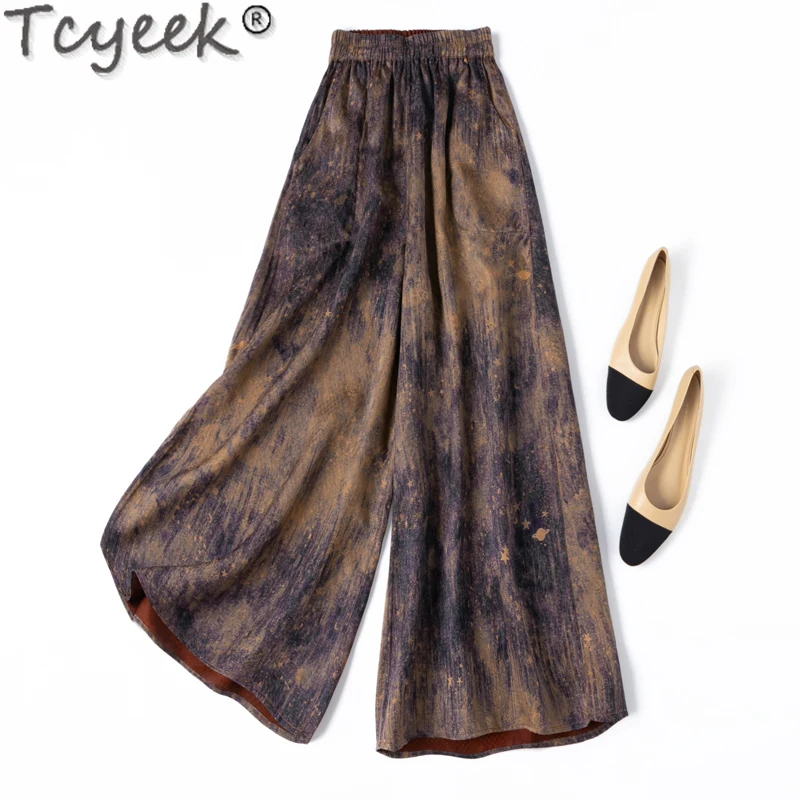 Tcyeek 100% Mulberry Silk Wide Leg Pants Spring Summer Pants for Women Clothes 24MM Real Silk Woman Trousers Long Pants Pantalon