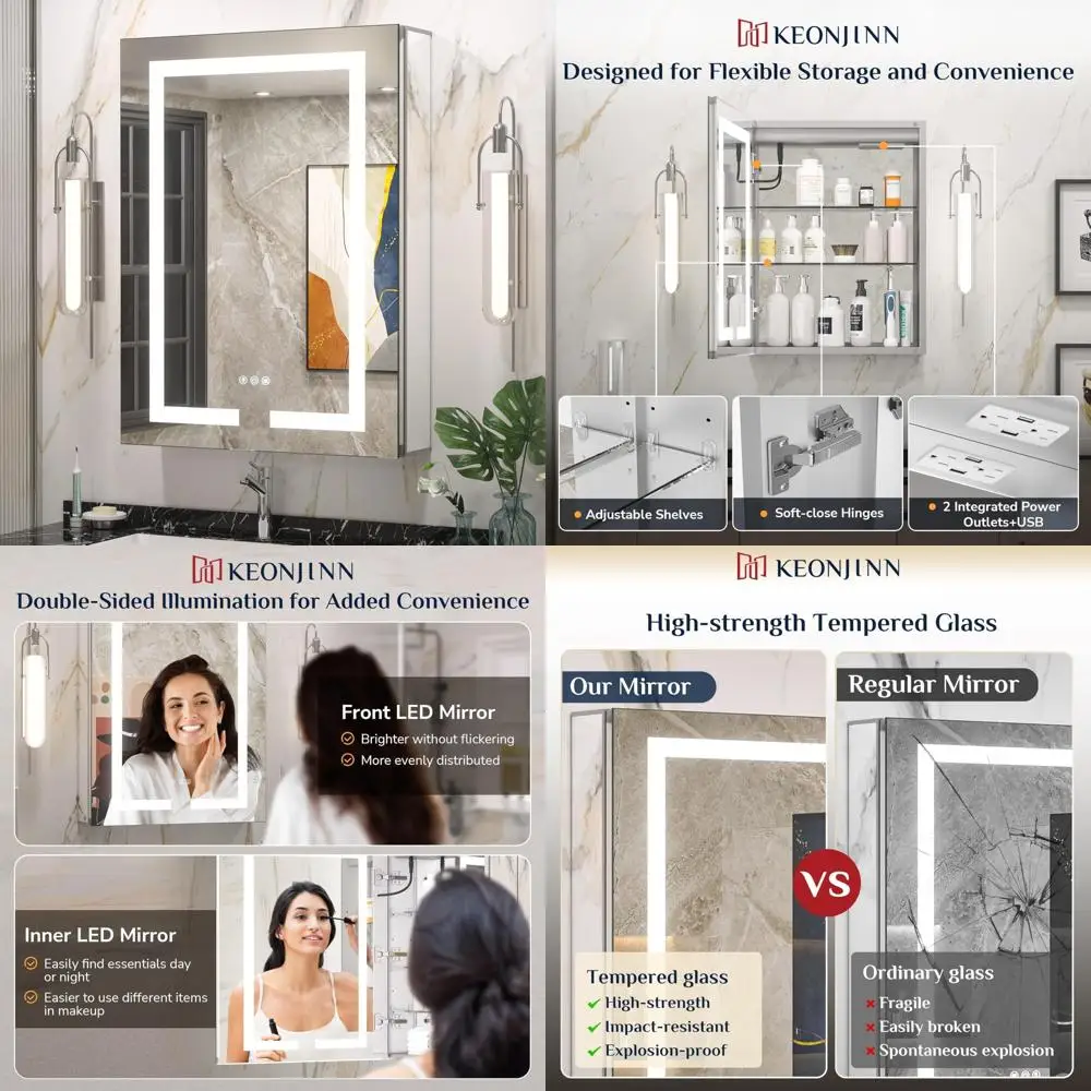 

24 x 32 Keonjinn LED Medicine Cabinet with Defogger, Dimmable 3-Color Lights, and Outlets, UL Listed