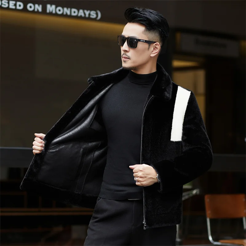 เสื้อแจ็คเก็ตขนเฟอร์เทียมแบบสั้นสำหรับฤดูหนาวใหม่ รุ่นดีลักซ์ สำหรับผู้ชาย ปกพับได้ สีดำ นุ่ม อุ่น เสื้อโค้ทขนเทียม แขนยาว