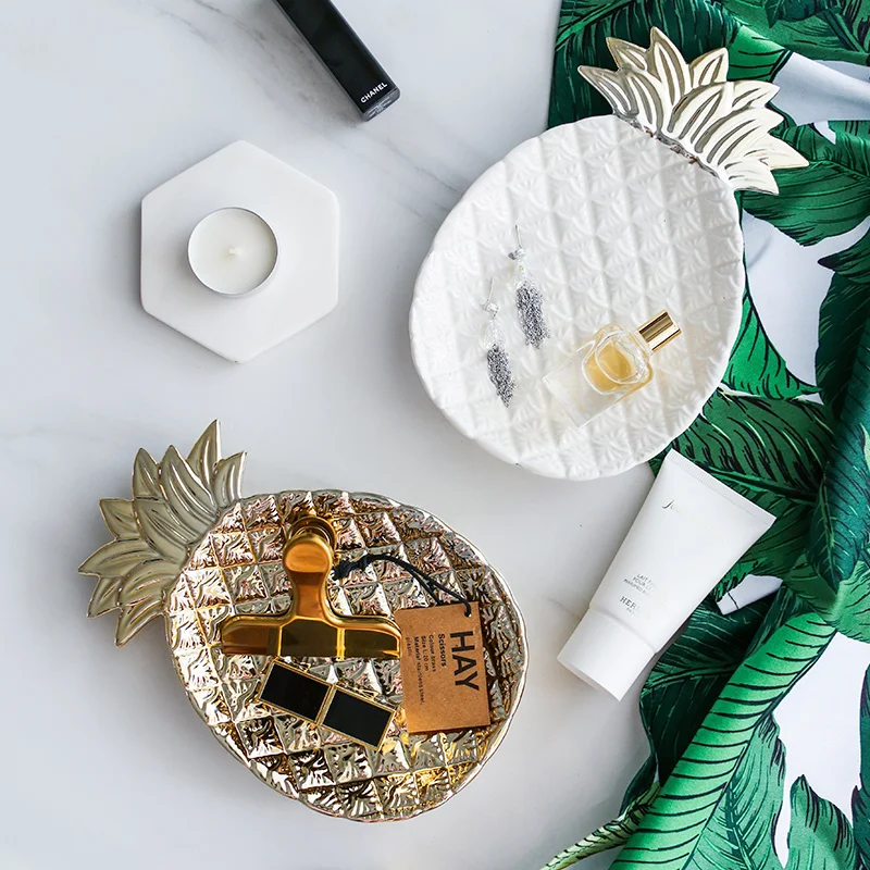 Decorative Gold Pineapple Leaf Ceramic Charger Plate Porcelain Candy Trinket Dish Jewelry Storage Plate Crockery Tableware