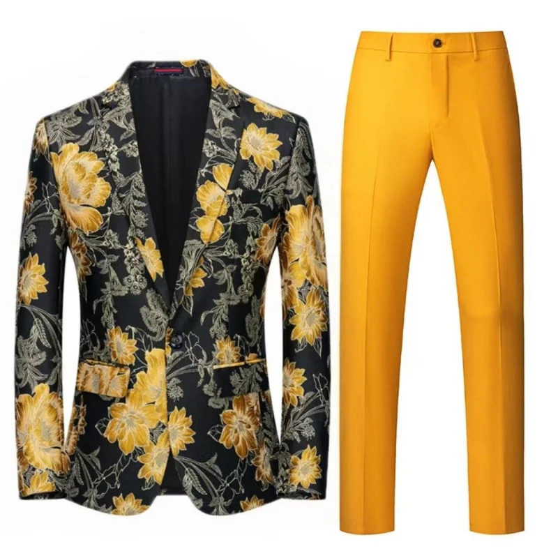 

Yellow Floral Print Two-Piece Suit for Men plus Size Performance Ceremony Dress Slimming Effect Standard Fit Long Sleeve Suit