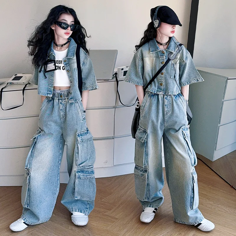 

New Girls Denim Outfit Trendy Jacket Cargo Wide-Leg Pants 2-Piece Summer Teen Kids Streetwear Children Clothing Set 6 8 10 12Y