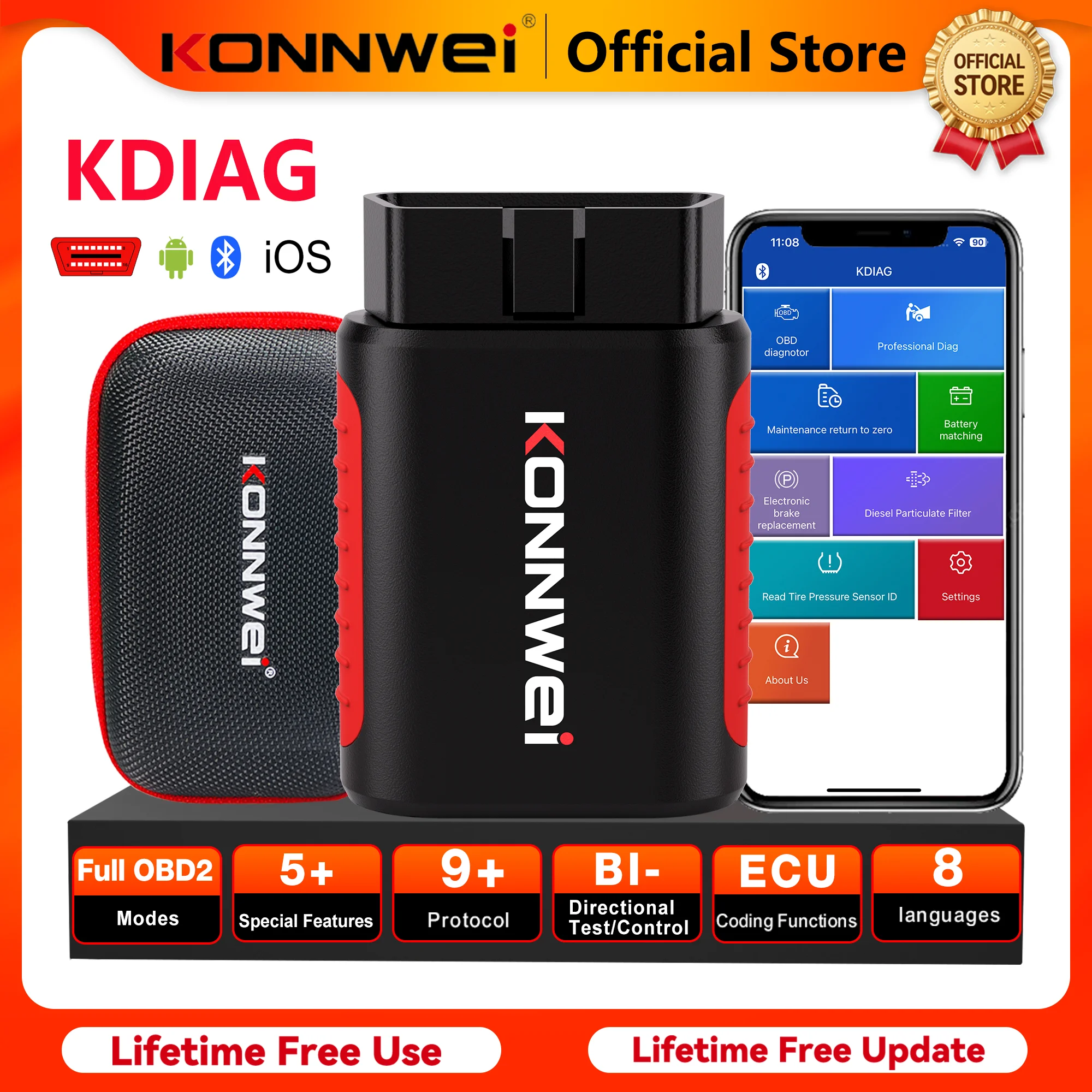 Herramienta de Diagnóstico Automotriz KONNWEI KDIAG 2026, Bluetooth OBD2, Diagnóstico de Todos los Sistemas, Lectura y Borrado de Códigos, Reinicio de EPB, DPF, Aceite, SRS, SAS, TPMS, Escáner de Sensores