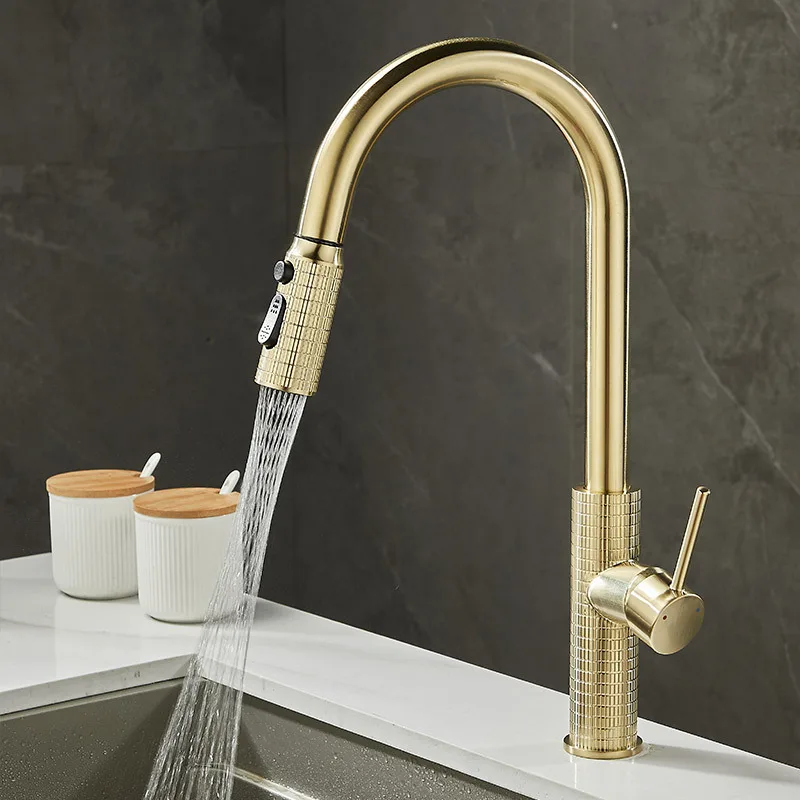 New Sink Faucet Kitchen Tap Hot and Cold Carved Pull Out Brass Rotation Decked Single Lever Sink Mixer