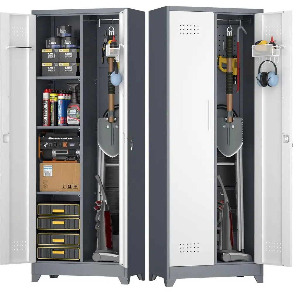 

Металлический шкаф для хранения с подвесным стержнем, органайзер для инструментов для метлы 65, металлический шкаф с дверцами и полками, высокое хранилище для чистки