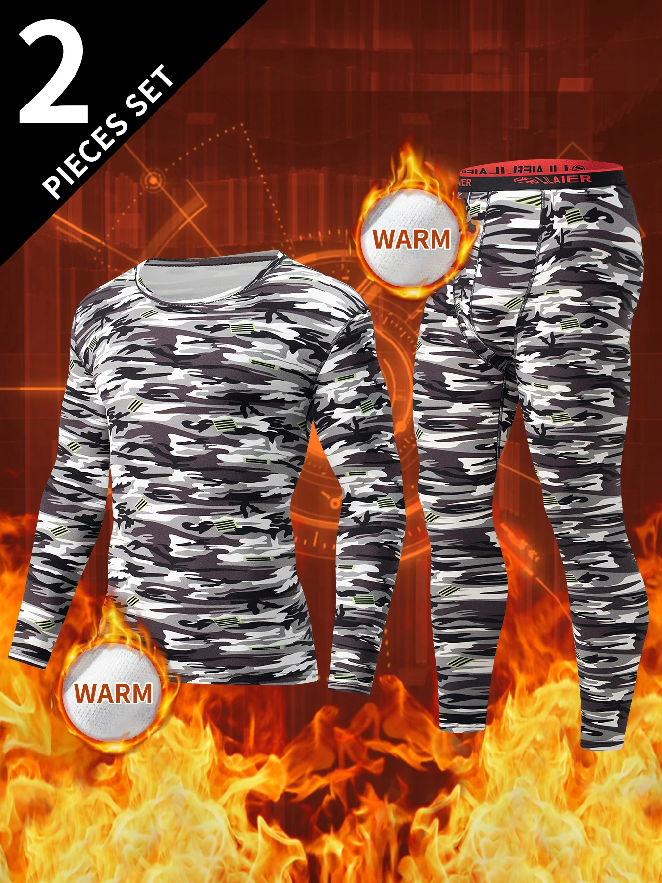 2-pcs Autumn And Winter Men's Thick Warm Suit Fashionable Camouflage Print Round Neck Bottom Top T-shirt Comfortable Inner Pants