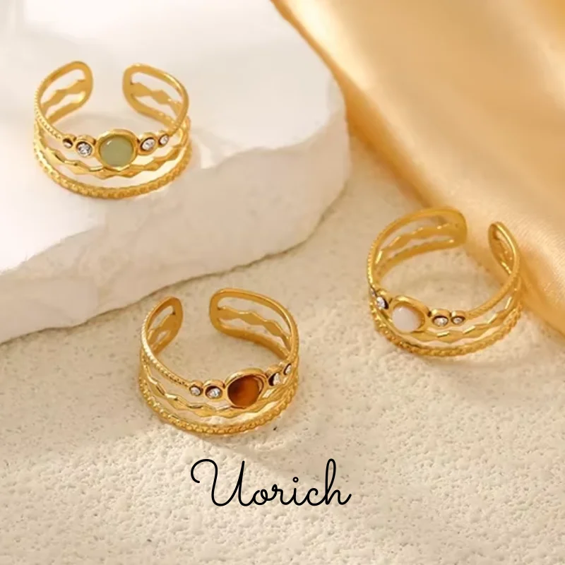 Uorich Fashion Stainless Steel Inlay Natural Stone Zircon Hollow Out Rings for Women Gold Plated Jewelry Party Gifts Daily Wear