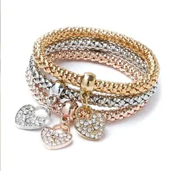 3-częściowy zestaw bransoletek z zawieszką w kształcie serca i kluczem Owl Rose Gold Plating Silver Color Chain Owm Charm Bangle Jewelry Set