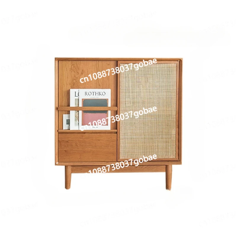 Japanese Rattan Solid Wood Magazine Cabinet Living Room Side Cabinet Retro Side Table Display Cabinet Made of Glass Side